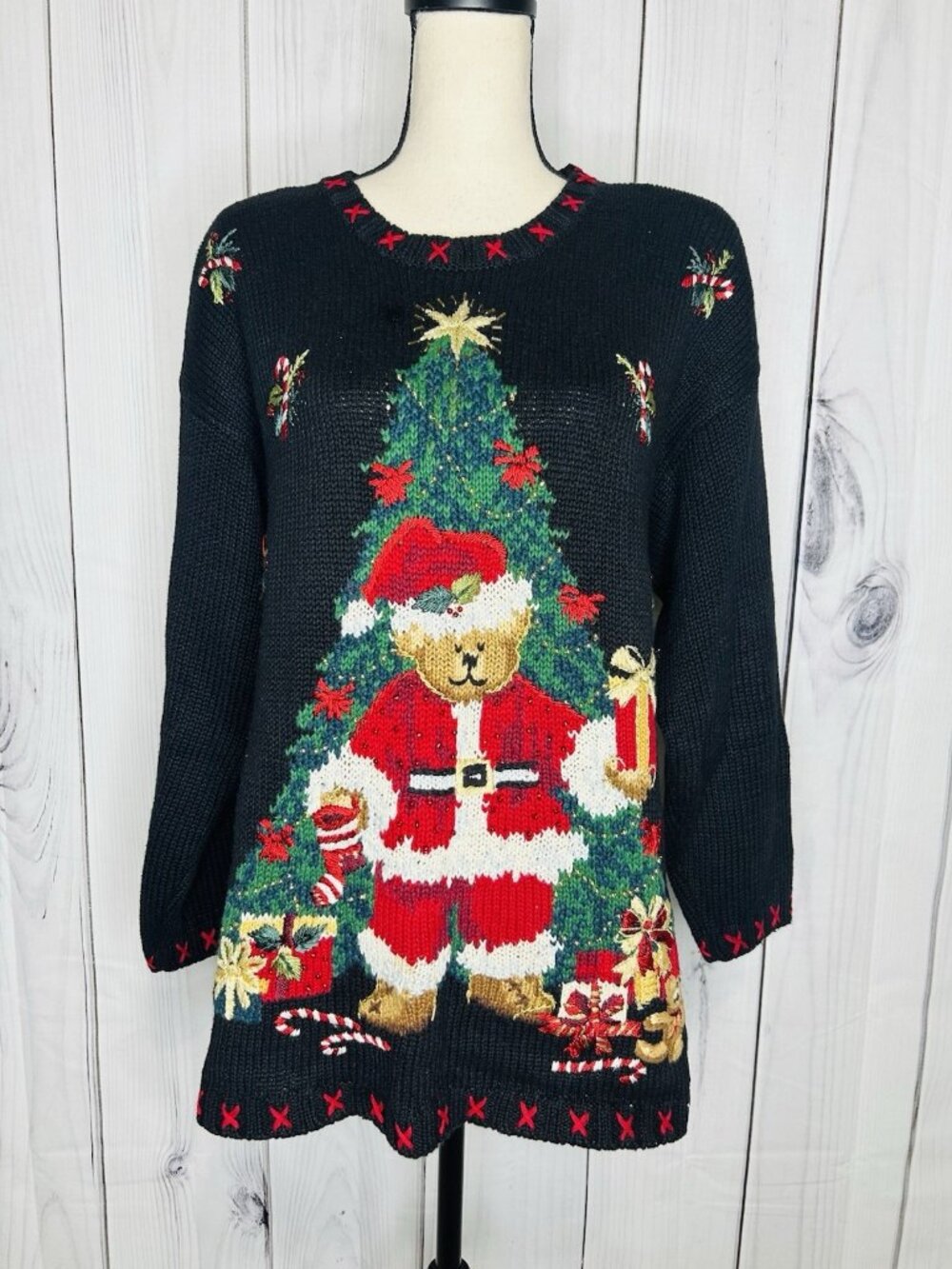 Heirloom Collectibles Sz L Christmas Tree Teddy Bear Sweater Beaded Vintage